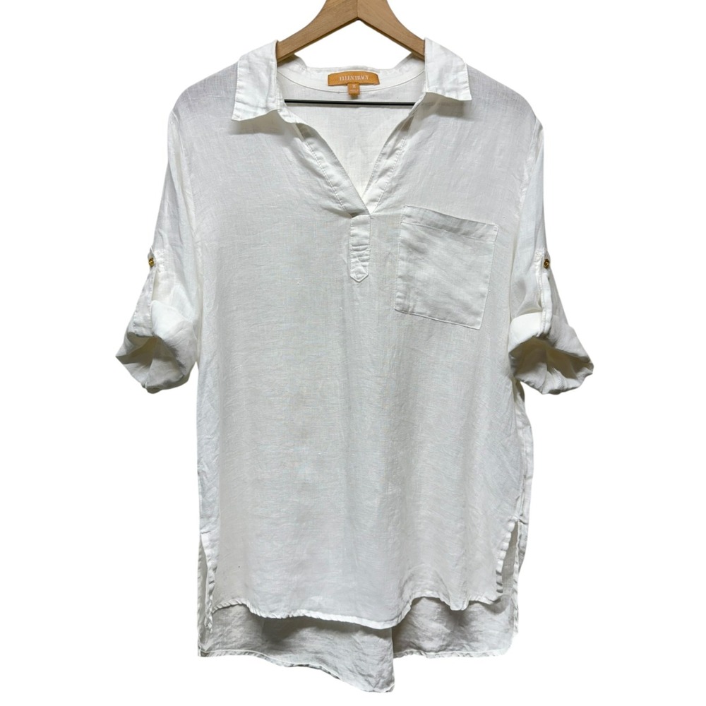 Ellen Tracy Women White 100% Linen Top Sz M Roll Tab Sleeve Beach Resort Coastal